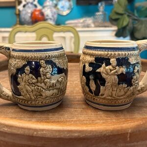 Set Of 2 Vintage Belgium Stoneware Mugs Blue And White Made In 1933 Stein